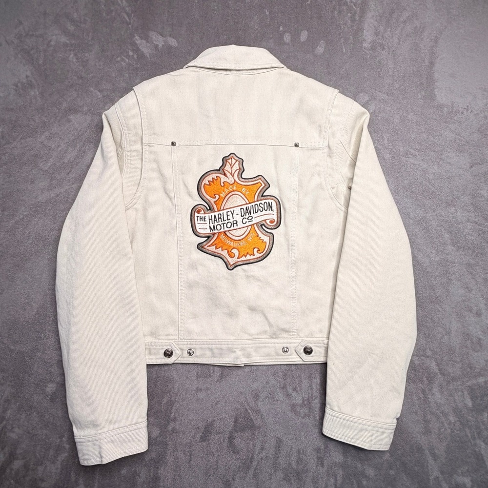 Harley Davidson‎ Trucker Jacket Women XS Cream Embroidered Back Patch Biker Moto